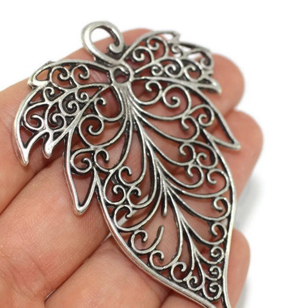 Silver Filigree Elven Leaf Charms 50x70mm, Antique Silver Filigree Huge Tree Charms, Pendentif feuille, Breloques de branches