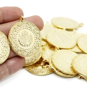 Shiny Gold Plated Coins  35x40 mm, Gold Pendant, Gold Coins, Cosplay Supplies, Turkish coin charms, Replica coins, Ottoman coin charms, CRCT