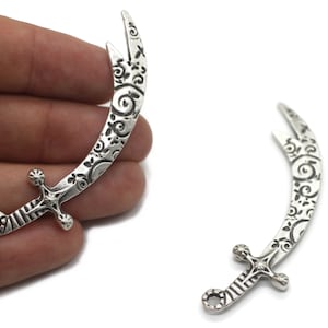 Antique Silver Plated Knight Sword Charm | Mens Necklace | Warrior Necklace | Chain Necklace | Gift For Him | Curved Sword Pendant