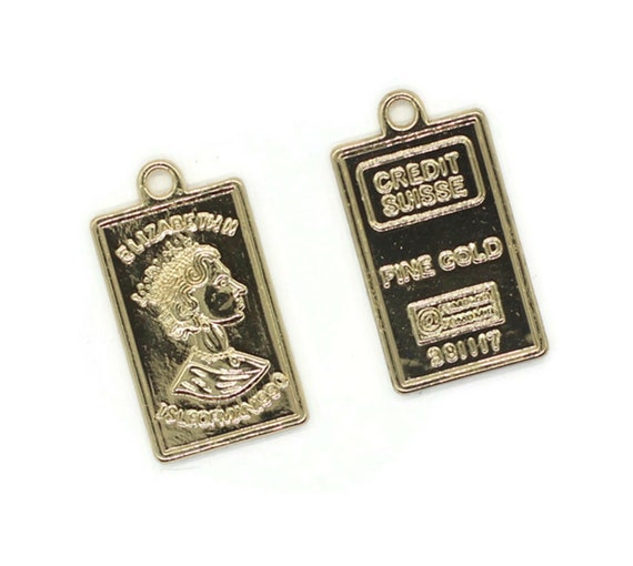 24k Shiny Gold Bar Pendant, 12x22mm Elizabeth Medallion, Credit