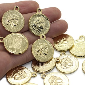 24 K Shiny Gold Hera Coin Pendant, 25x32 mm Gold Pendant, coin charms, Roman Pendants, Medallion Pendant, Hera charms, Gold Coins, HRCP