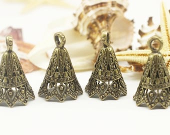 Antique Bronze Bead Caps, end cap, bronze end caps, bronze bead cones, large tassel cap, filigree findings, tribal bead cap, KNBC