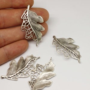 Matt Silver Leaf Pendant, Necklace Jewelry, Silver Leaf Charm 25 x 44mm Large Leaf Design Connector With Two Hole, leaf jewelry, KST 054