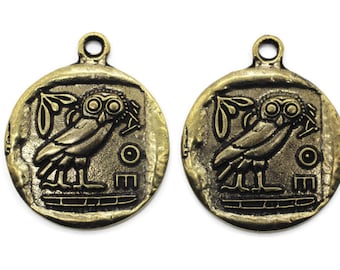 Colgante de moneda de búho de Atenas, búho ateniense de bronce antiguo, dije de búho, colgantes romanos, colgante de medallón, monedas, monedas de búho AZTC