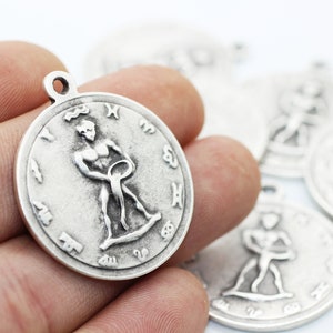 Matt Silver Coins, Silver Pendant, replica coins, coin charms, Horoscope charms, coin pendant, Aquarius charms, Necklace charms, AQCH