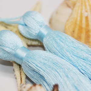Baby Blue Extra Large Silky Tassel, 110 mm Large Tassels, Mala Necklace Jewelry Making Supply, Tassel Pendants, PSK 036