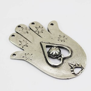 1 Pc Matt Silver Huge Hamsa Pendant, 54mm x 72.5mm Large Hand Design Charm With Six Holes - Necklace Pendant