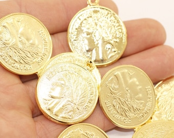 French Coin, 29x35m, Shiny Gold Pendant, Gold coin charm, French Pendant, Medallion Pendant, Gold Coin, French coin, gold coin charm, FCRC