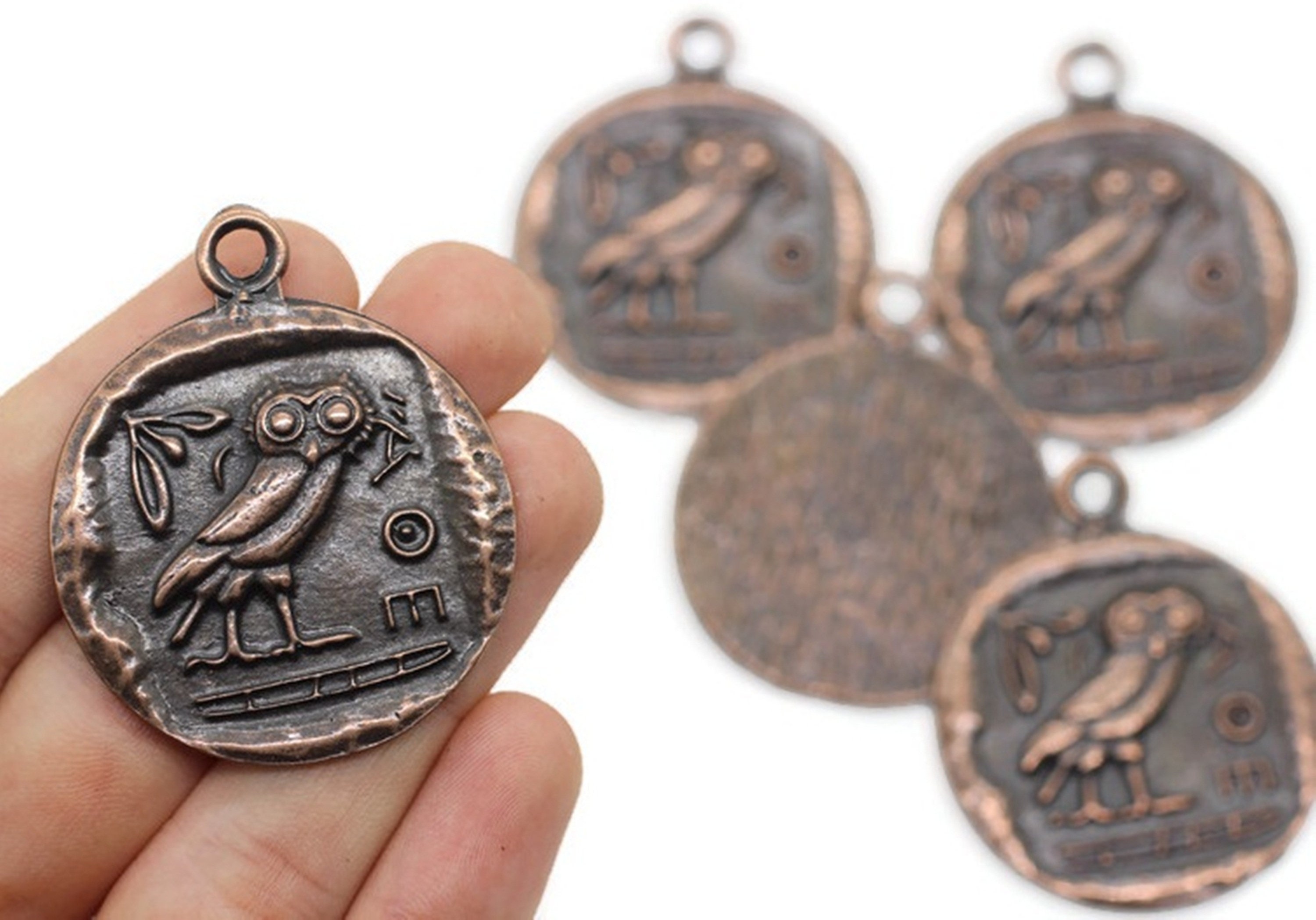 Owl of Athens Coin Pendant, Antique Copper Athenian Owl, Roman Pendants, Medallion Pendant, Greek Ow