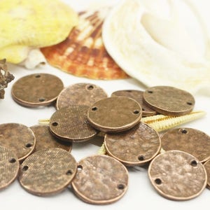 Antique Copper Hammered Coin Discs , 22 mm Round Connectors , Bracelet Connector with 2 Holes, coin disc, Antique Copper disc