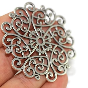 Silver Filigree Spiral Charms, 54mm Filigree round pendant, antique silver plated filigree pendant, tribal filigree pendant, TRBL