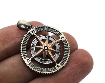925 Sterling silver North star charms, 30mm Rose gold North star pendant, medallion charms, Compass pendant, Father's Day, gift for her