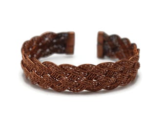 17 mm Intricately braided copper wire cuff bracelet for men and women, handmade woven bangle, rustic boho jewelry gift, adjustable arm cuff