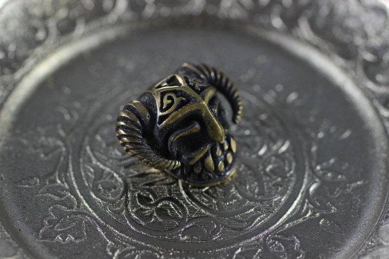 May include: A small, detailed, brass skull charm with horns and intricate designs. The skull is black with gold accents.