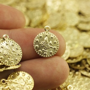 Brass Ottoman Coins, 10mm Gold Tone Tugra Tags with a loop, Round Historical Charms, Tribal Necklace Tags,  Sultan&#39;s Signature, OTMC