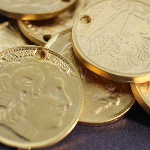 Matt Gold Plated Coins, 26 mm Gold Pendant, double side charms, Roman Pendants, Medallion Pendant, Caesar coins, Alexander Coins, ALCP