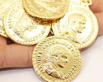 Ancient Greek Coin Pendant,  Shiny Gold Pendant, Gold coin charm, Roman Pendants, Medallion Pendant, Coins, Caesar coins, Gold Coin, RCCP