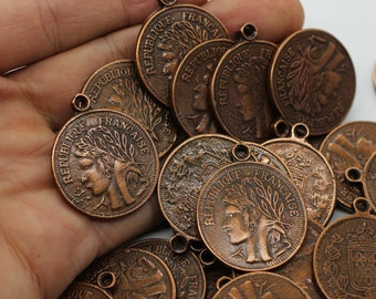 French Coin Pendant 29x35mm Copper Pendant Copper Coin Charm