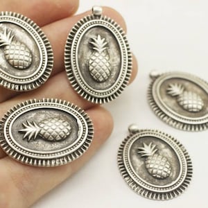 Matt Silver Plated pineapple Oval Pendant, 24x34mm, Oval Pendants, pineapple Pendant , Medallion Pendant, Silver Plated Pendant, Bzm07