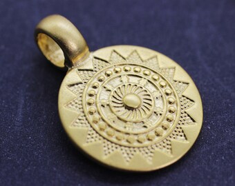 Matt Gold Plated Tribal Pendant, 23x30 mm, Talisman Pendant, Gold Pendants, Medallion Pendant, Ethnic Pendant, Round Pendant, TLSM
