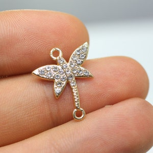 Gold Plated Dragonfly Pendant With Zirconia - 16.5mm x 19.5mm Dragonfly Bracelet Pendant With Two Holes - Micro Pave Dragonfly Charm AKS 036