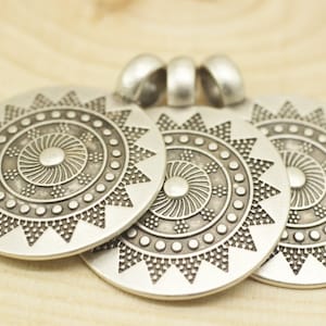 Matt Silver Plated Tribal Pendant, 32x44 mm, Talisman Pendant, Silver Pendants, Medallion Pendant, Ethnic Pendant, Round Pendant, TLSM