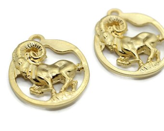 Matt Gold Aries charms, 34x38mm Zodiac Charms, Horoscope charms, Zodiac Coin charms, Aries pendant, For Jewelry Making, Greek charm, ZDCN