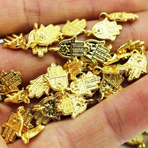 Shiny Gold Hamsa Charms, Orientalist Charms, 13 mm Tiny Hamsa, gold hamsa pendant, gold hamsa hand, Hand of Fatima charms, Hand charms, MNHC