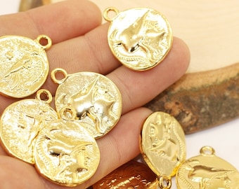 Shiny Gold Plated Coins, 24x30 mm Gold Pendant, double side charms, Roman Pendants, Medallion Pendant, Caesar coins, Gold Coins, GRRC