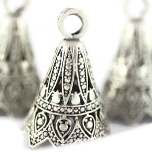 Matte Silver Tower Bead Caps, 18 mm Inner Filigree Cone Large Cap, Tassel Caps with one Loop, Silver Filigree Earrings, KNBC