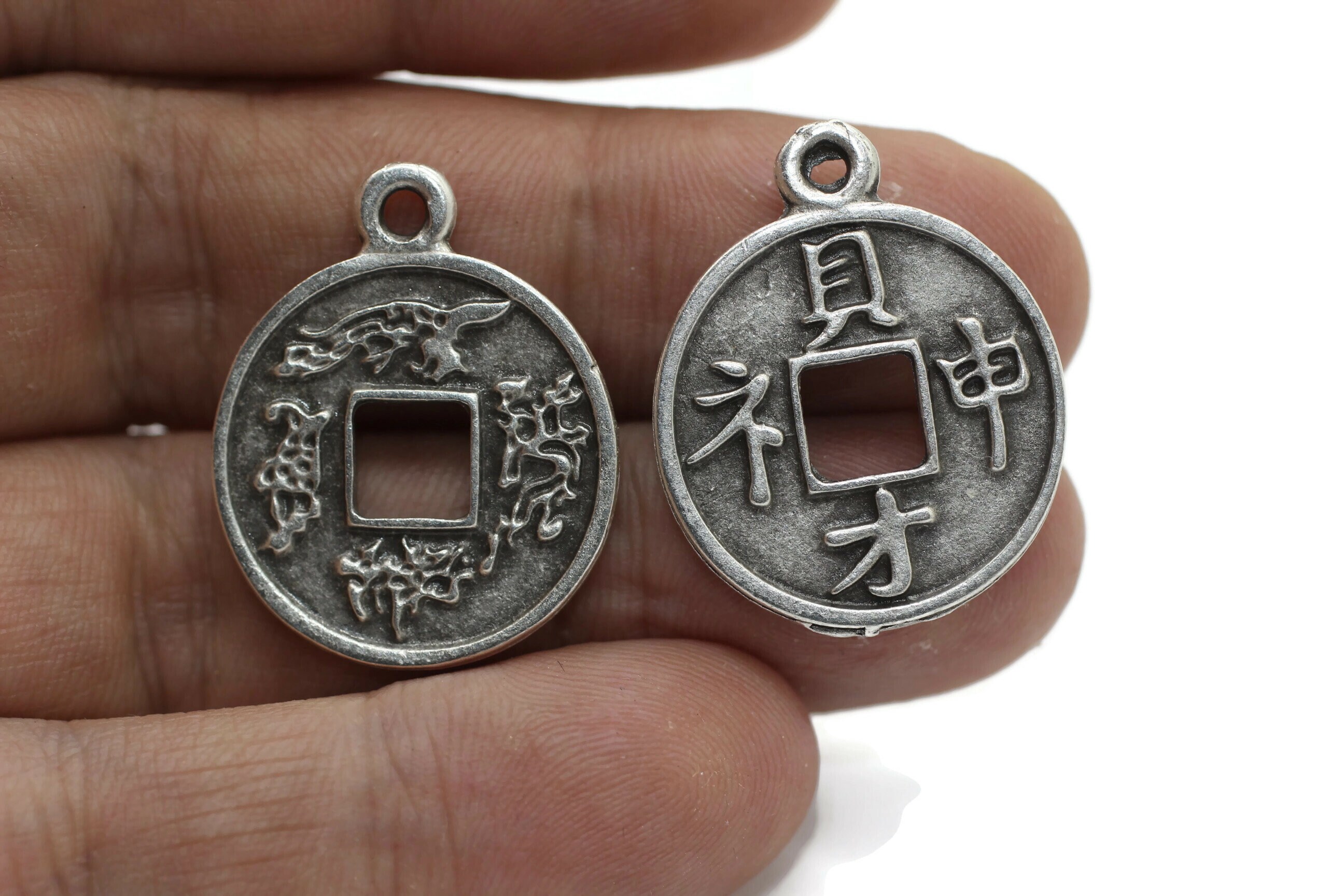 Matt Silver Plated Chinese Coins, 22x27 mm Silver Pendant, Good Luck coin charms, coin Pendants, Medallion Pendant, Coin charms, CHNS