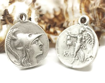 Matt Silver Plated coins, 24x30 mm Silver Pendant, double side charms, Roman Pendants, Medallion Pendant, Coins, Caesar coins, GRRC