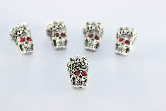 Antique Silver Skull King Beads with red eyes, 10mm x 18mm Skull King Beads with Two Holes, Skull Necklace