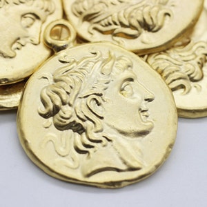 Matt Gold Coins, 26x33 mm Gold Pendant, double side charms, Roman Pendants, Medallion Pendant, Caesar coins, Ancient Rome coins, RRCP