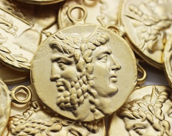 Matt Gold Coins, 28x34 mm Gold Pendant, double side charms, Troy coin charms, Medallion Pendant, Zeus coins, Ancient Greek coins, GRRC