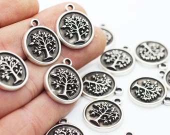 Silver Tree of Life charms, 19x23mm Silver Pendant, Plant charm, coin charms, Tree charms, silver charms, medallion charms, disc charm DSNC