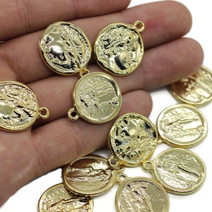 24 K Shiny Gold Caesar coin charms, Earring charms, Greek charms, olympus charms, Caesar pendant, Caesar charms, medallion charms, RRCP