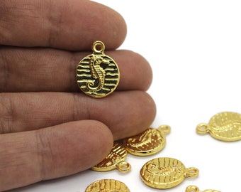 Shiny Gold Seahorse charms, 14x18mm Gold Pendant, coin charms, Gold charms, medallion charms, disc charm, Seahorse pendant, Gold Sea horse
