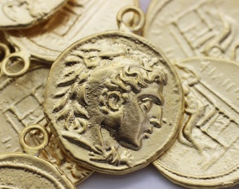 Matt Gold Coin charm, 25x32mm Athens Pendant, double side charms, Roman Pendant, Medallion Pendant, Warrior coins, Ancient Greek coins, RRCP