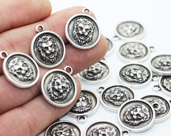 Silver Lion charms, 19x23mm Silver Pendant, Lion Face charm, coin charms, Lion Head charms, silver charms, medallion charms, disc charm DSNC