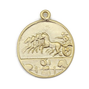 May include: Gold-toned metal charm featuring a raised design of a chariot pulled by four horses. The chariot is driven by a figure holding reins. The bottom of the charm has a raised design of a wreath and a helmet.