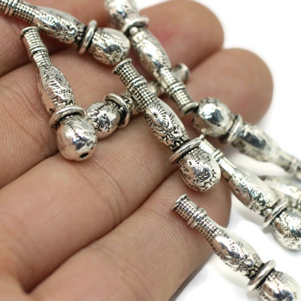 Perle tubique longue en argent tibétain, perle de prière de l’imam 28x7 mm Chapelet Misbaha avec symbole ottoman, Tugra, perles tubulaires, perle pour Tasbeeh SPPB
