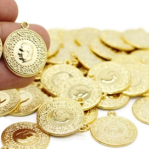 Shiny Gold Plated Coins  22x26 mm, Gold Pendant, Gold Coins, Cosplay Supplies, Turkish coin charms, Replica coins, Ottoman coin charms, CRCT
