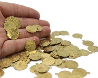 Gold Tone Ottoman Coins, 19mm Tugra Tags with a loop, Round Historical Charms, Tribal Necklace Tags, Signature, OTMC