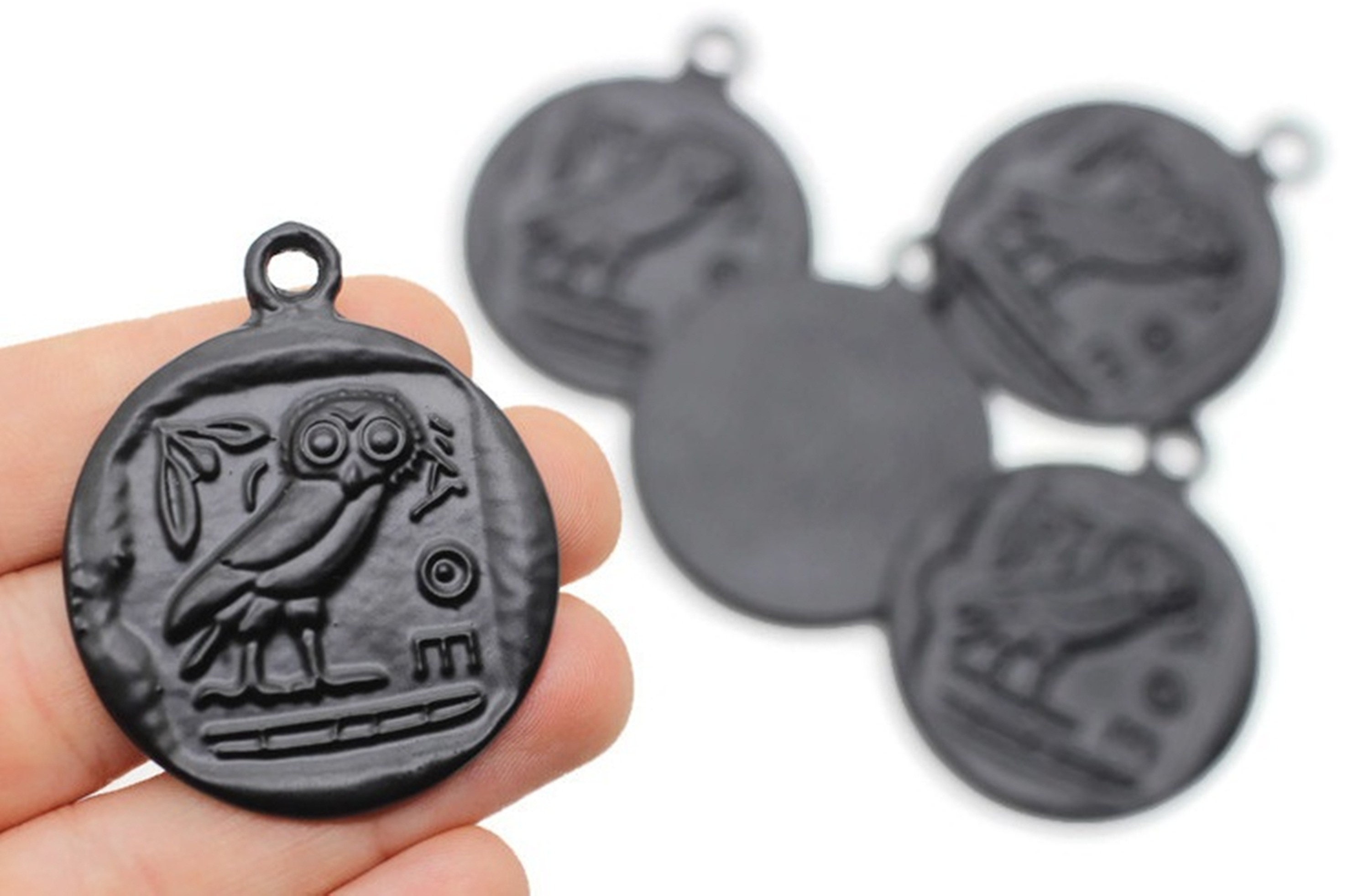 Owl of Athena Coin Pendant, Matte Black Athenian Owl, Athena charm, Roman Pendants, Medallion Pendan