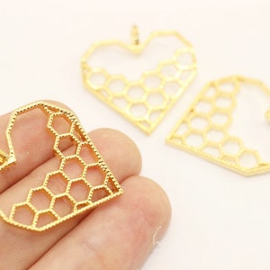 Gold Honeycomb charm, Honeycomb pendant, Necklace Jewelry, gift for her, Jewelry Making, necklace charm, bezel charm, heart charm, HRPC