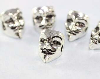 Antique Silver V for Vendetta Beads, 10mm x 13mm Mask Charms with Two Holes, V for Vendetta Beads KFA 009