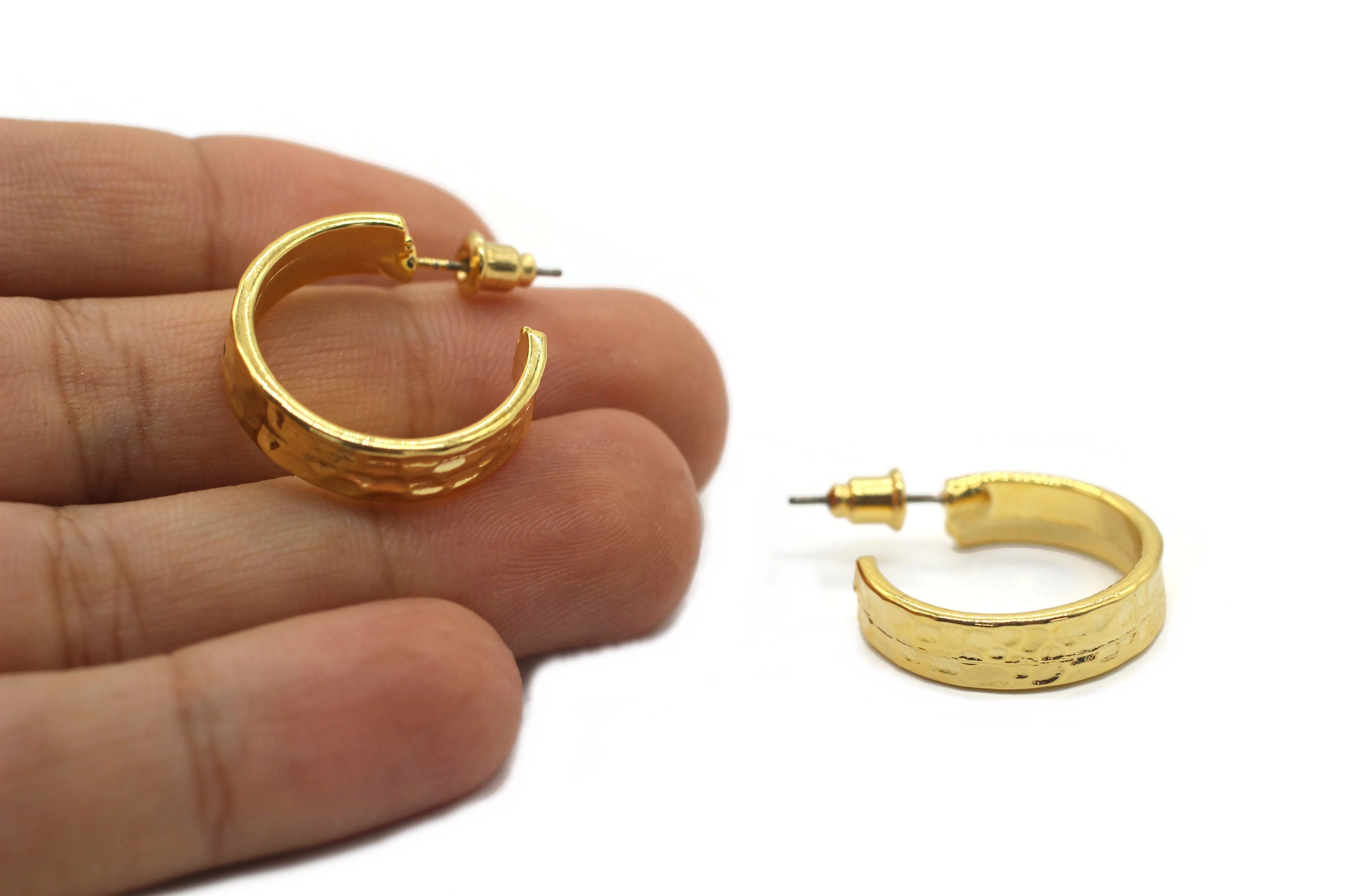 22mm 24K Shiny Gold Hammered Design Earrings Unique Earcuffs