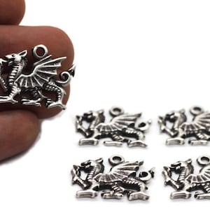 Puede incluir: Cinco abalorios de metal plateados con forma de dragón galés. Los abalorios tienen un bucle en la parte superior para sujetarlos a un collar o pulsera.