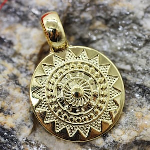Shiny Gold Plated Tribal Pendant, 23x30 mm, Talisman Pendant, Gold Pendants, Medallion Pendant, Ethnic Pendant, Round Pendant, TLSM